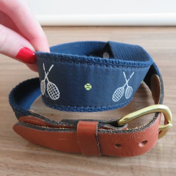 J. PRESS Tan Leather Tennis Woven Preppy Navy Belt - Men's Size 32 - Picture 2 of 14